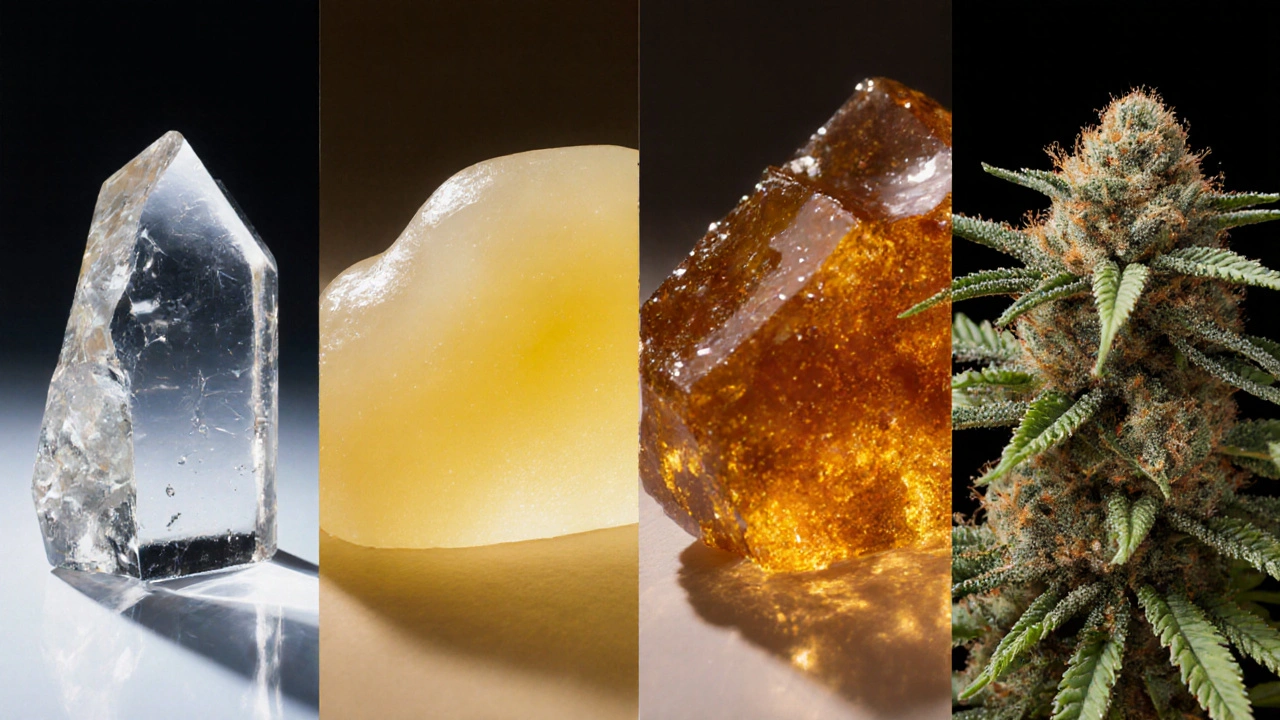 Čtyři vizuální porovnání: shatter (skleněný), wax (máslový), live resin (lesklý) a květy (zelené) vedle sebe.