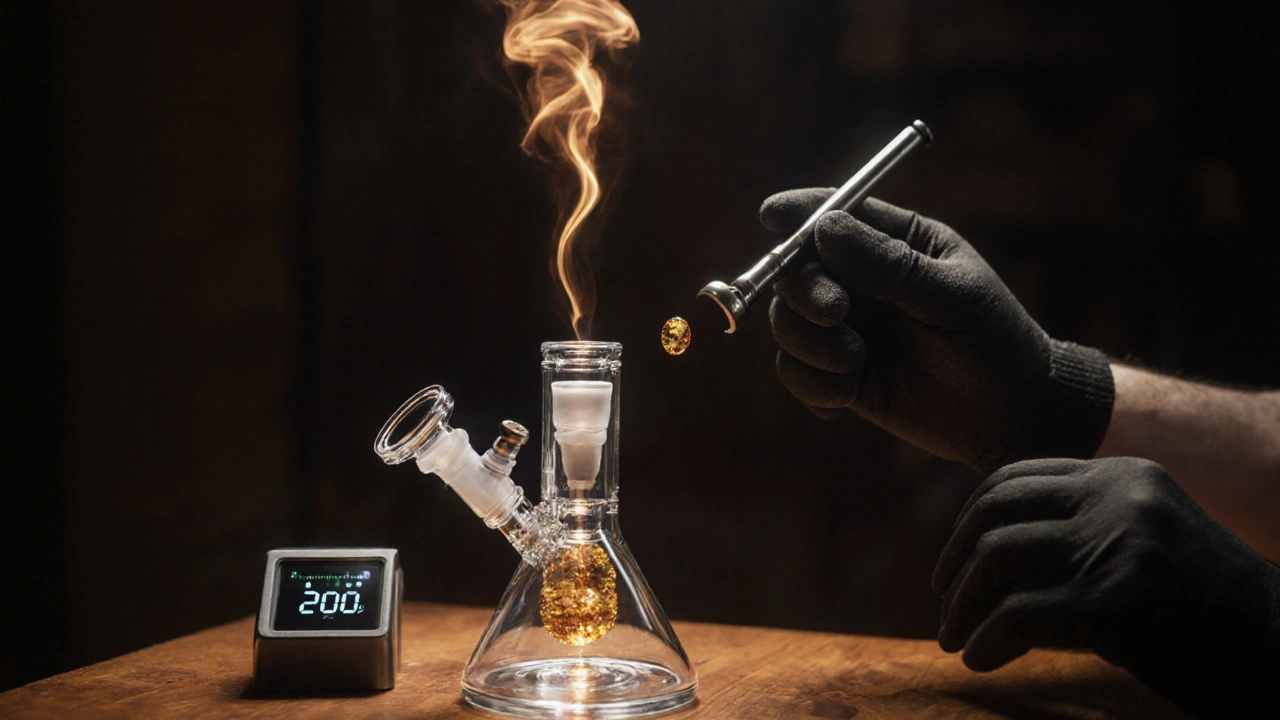 Dabbingová scéna s lesklým skleněným rigem, kapkou shatteru a teplým dýmem, teploměr ukazuje 200 °C.