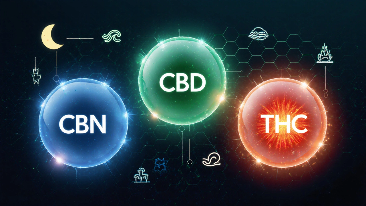 Ilustrace molekul CBN, CBD a THC s barevnými efekty jejich účinků.