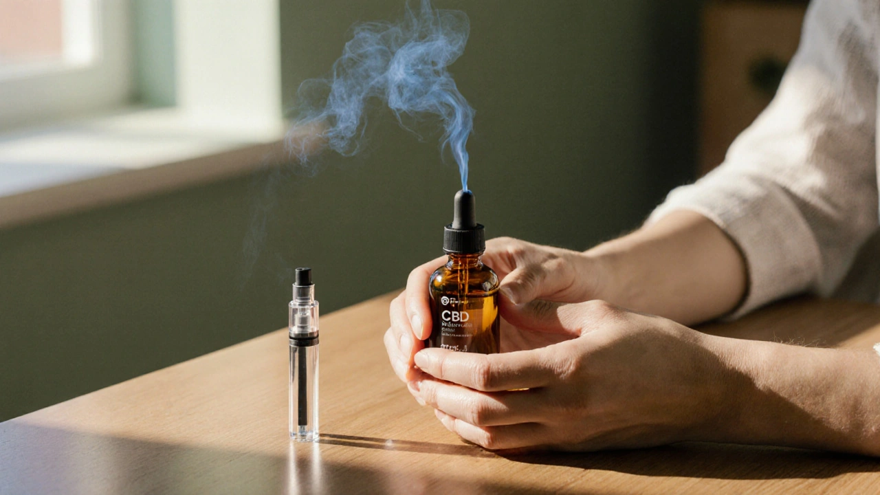 Klidná scéna s lahvičkou CBD a vaporizérem THC na dřevěném stolku.