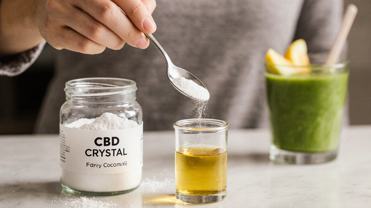 Kuchyňské nastavení: CBD krystal, olej a smoothie připravené k požití.