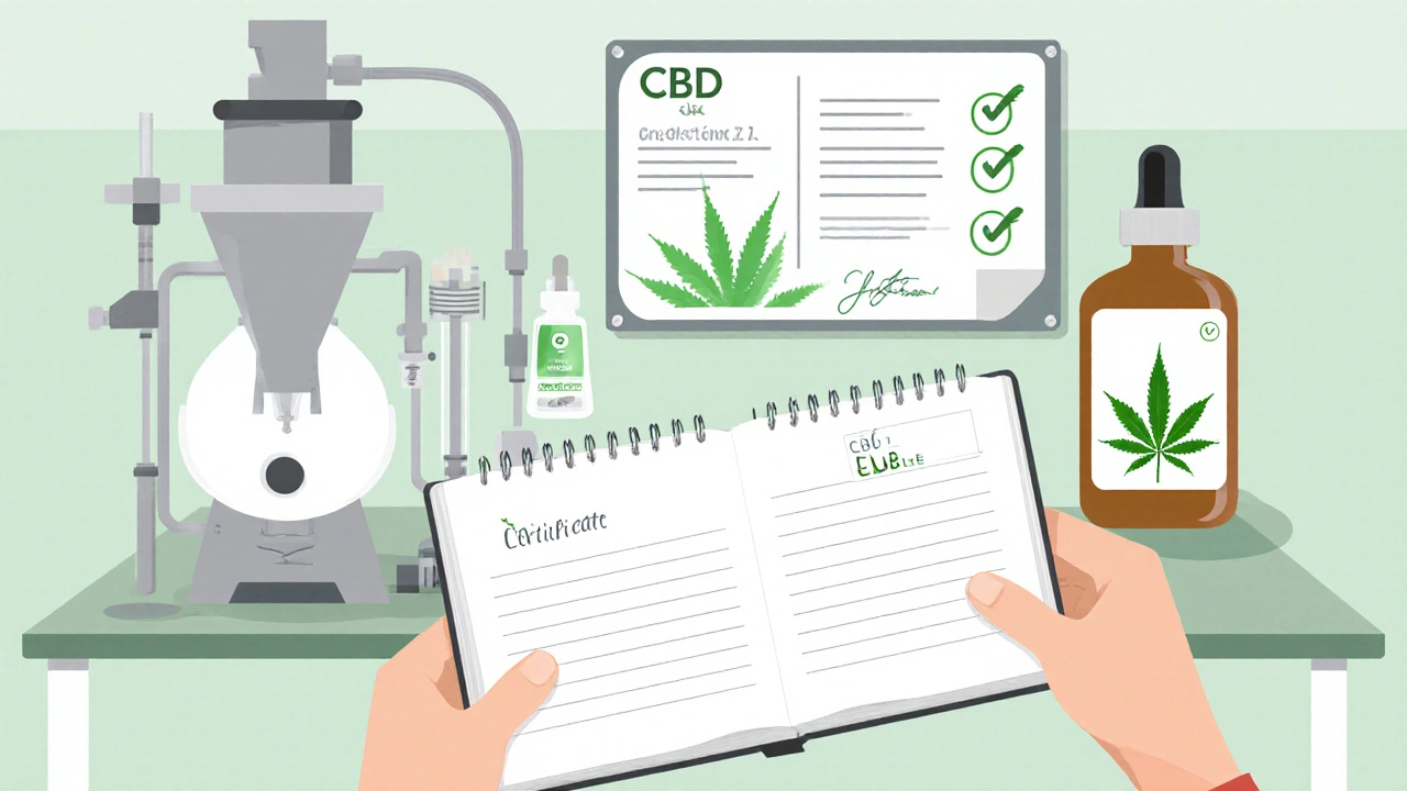 Laboratorní scénář s CO₂ extrakcí, certifikátem, láhev a zápisník s dávkou.