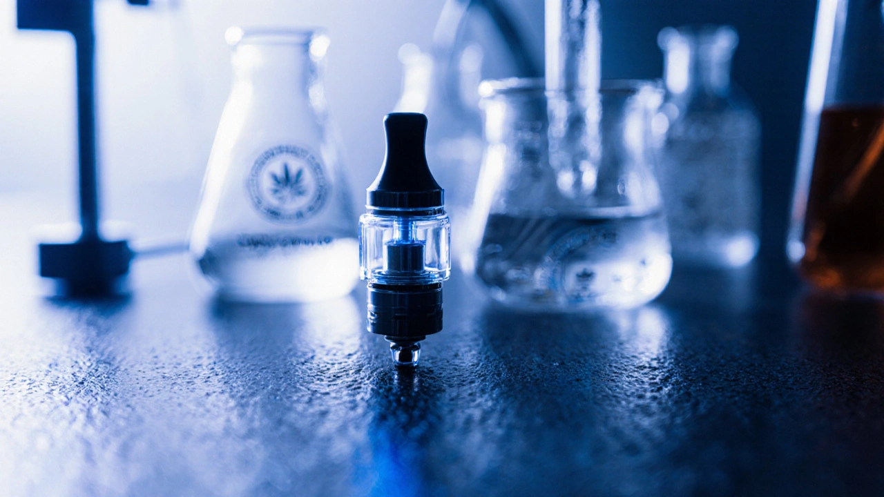 Makro snímek prémiové cartridge s kapkou oleje, v pozadí laboratoř s CO₂ extrakcí.