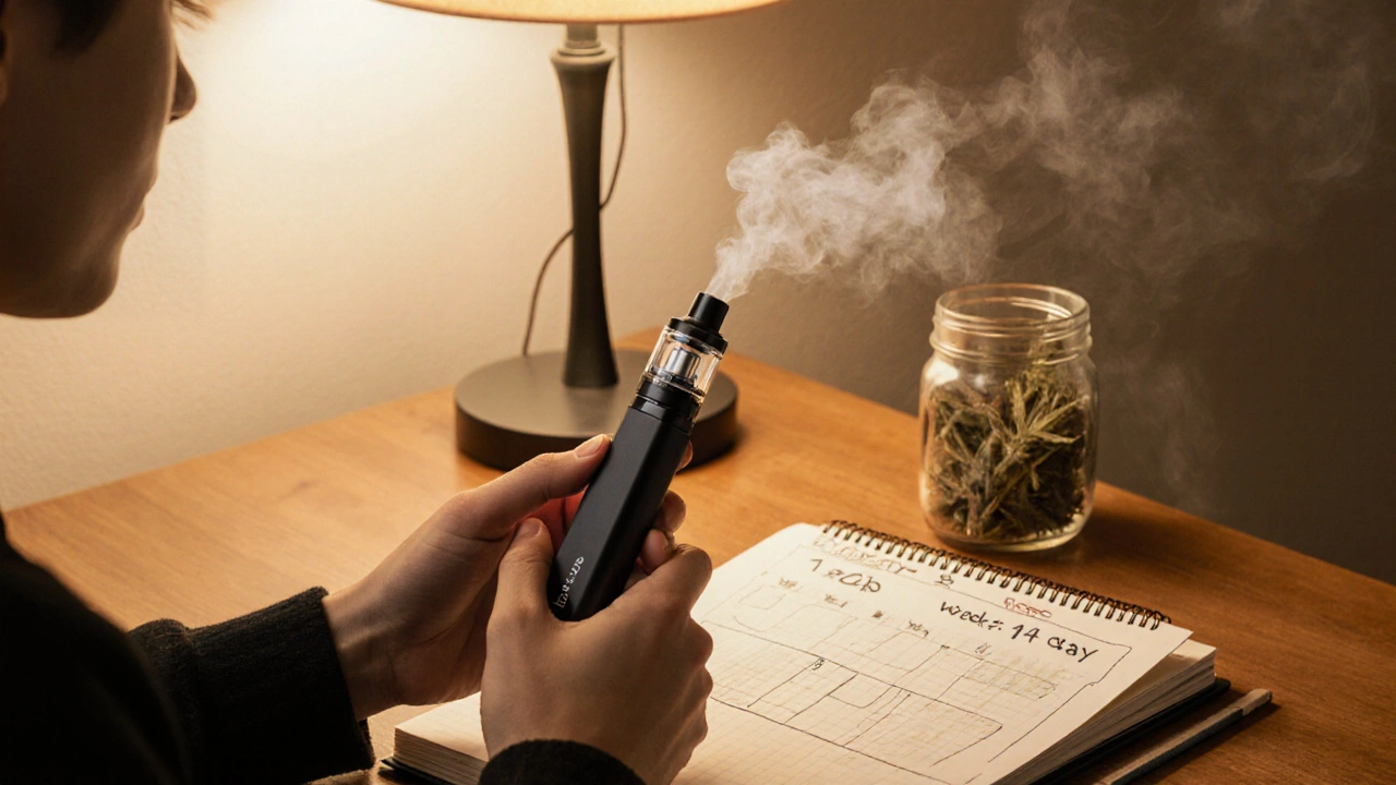 Mladá osoba s pod‑vape s 1 g cartridge, povzduchává, vedle notebook s kalendářem.