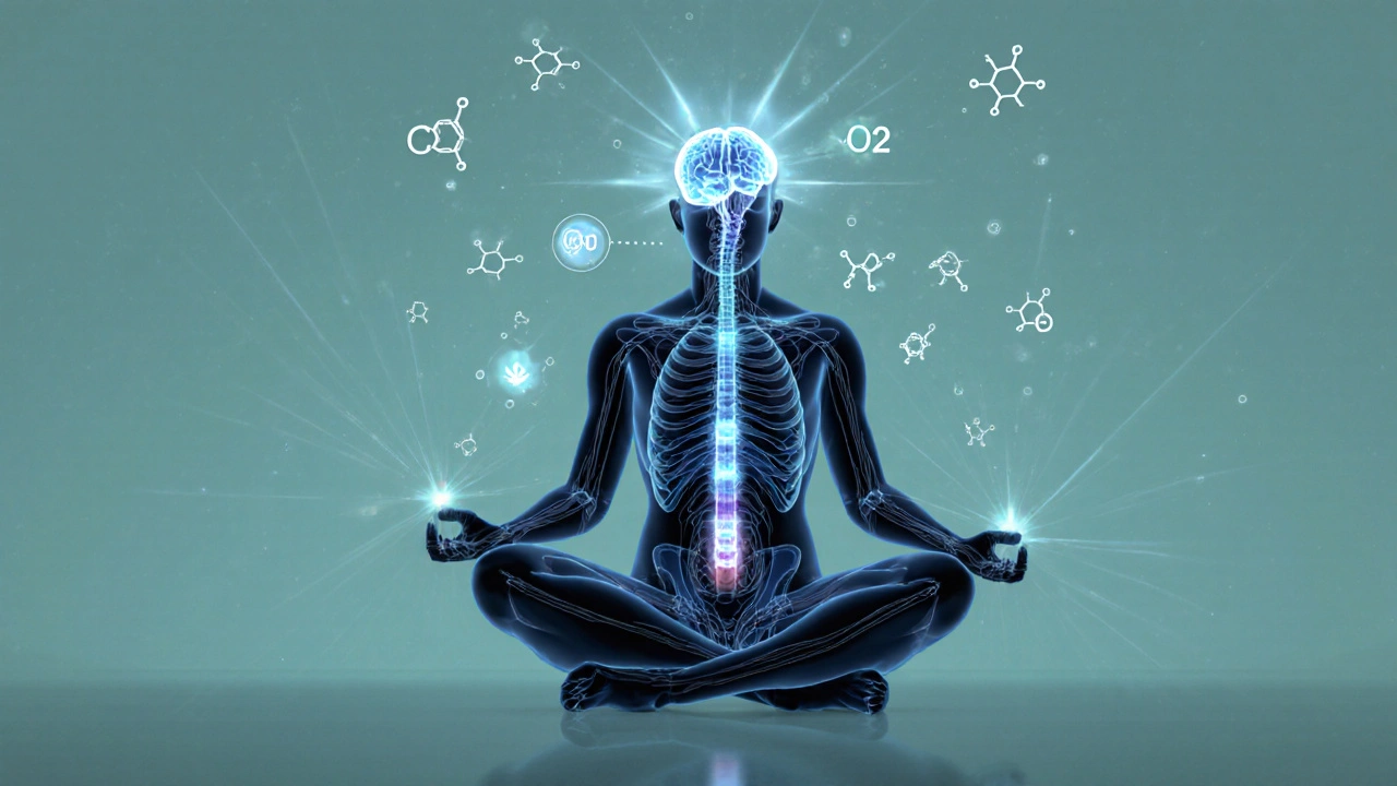 Osoba v meditaci s osvětleným endokanabinoidním systémem.