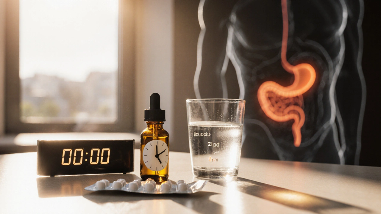 Ráno CBD a odpoledne ibuprofen na kuchyňské desce s časem.
