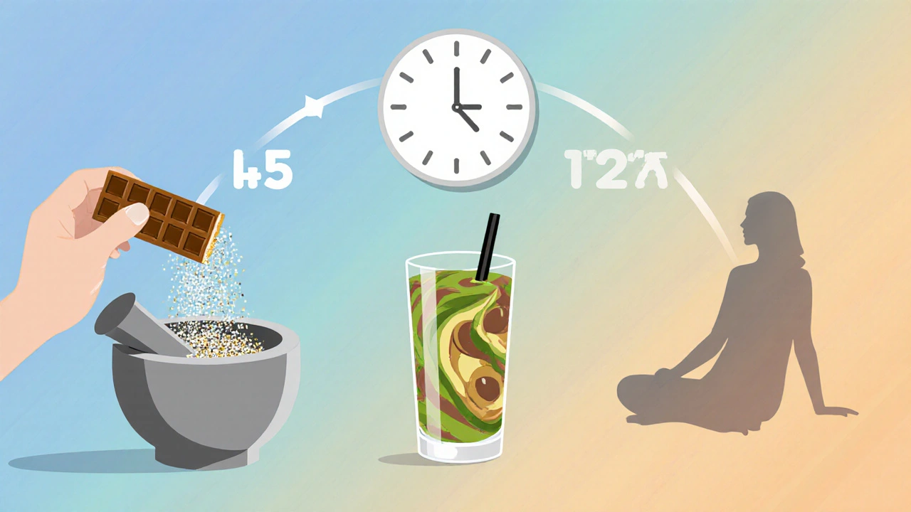 Ruka drtí bar, míchá ho do smoothie, nad ním ukazuje hodiny a uvolněná postava.