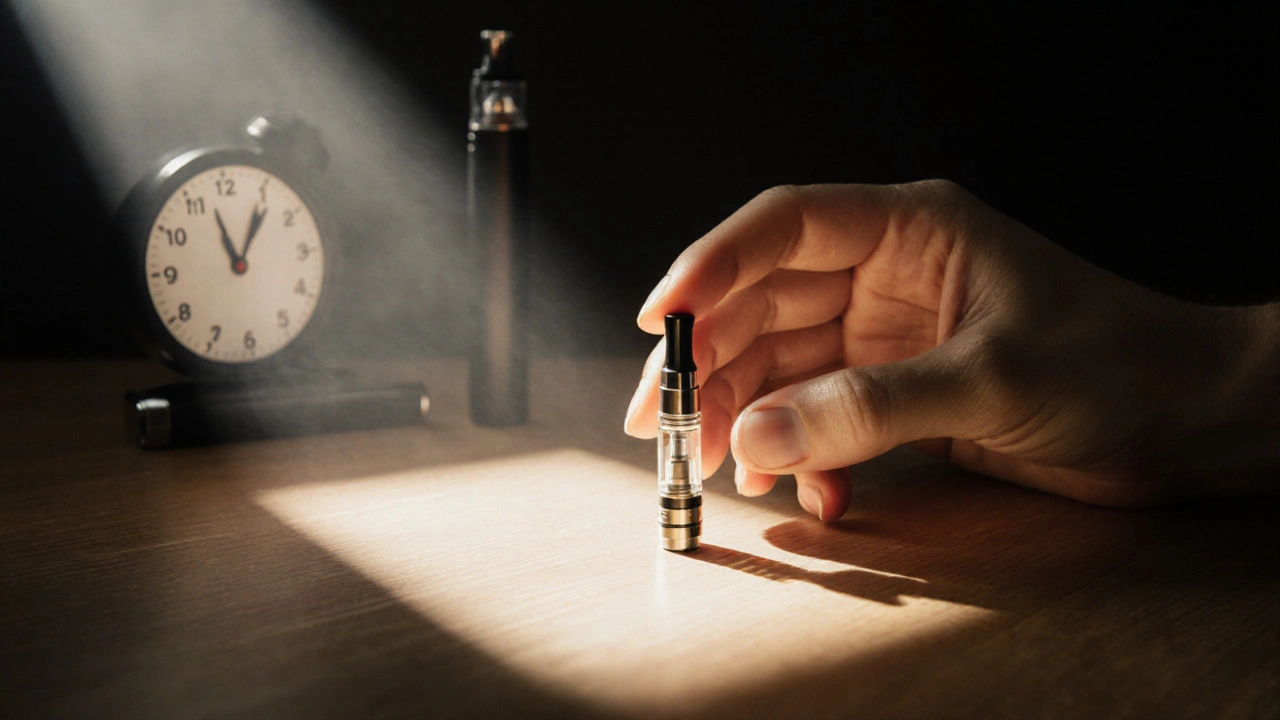 CBD kartridž stojící svisle na dřevěné ploše při světle slunce, symbolizující správné uložení.