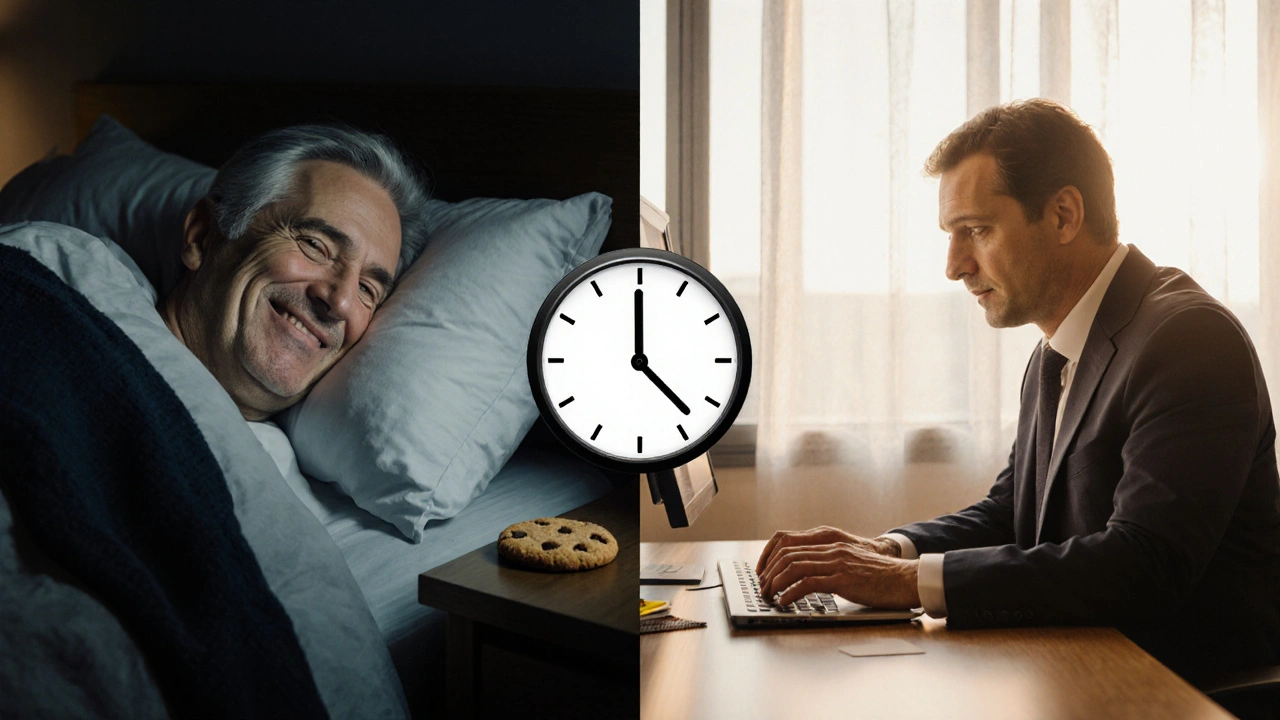 Muž večer v posteli a ráno na práci — oba v klidu, bez stresu.
