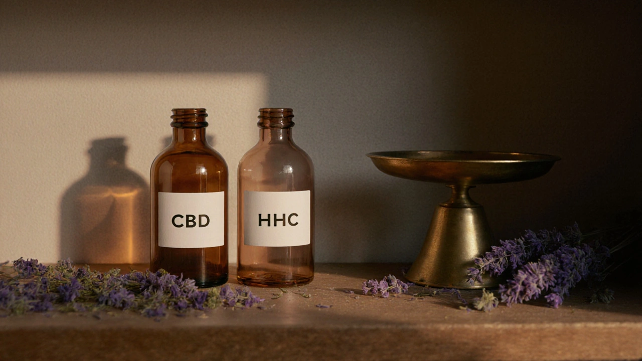 Tři skleněné lahvičky s CBD, HHC a THC na dřevěné polici s lilekami.