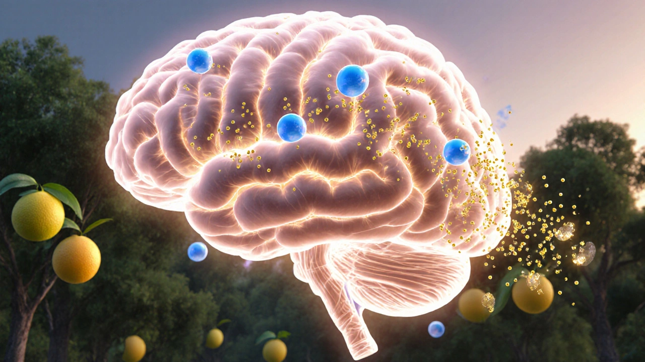 Uvnitř mozku proudí serotoninové molekuly podporované terpeny.