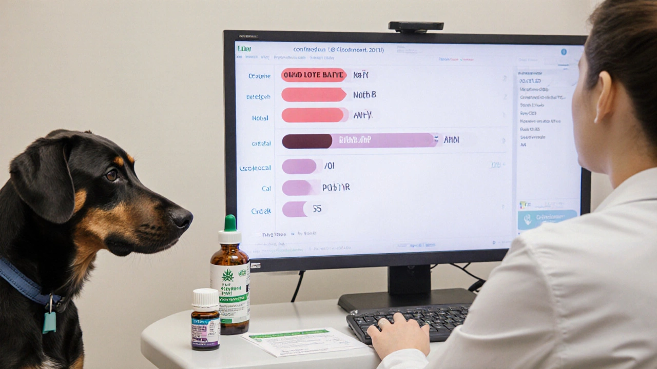 Veterinář prohlíží krevní testy s vysokými jaterními enzymy vedle CBD oleje a léku na srdce.