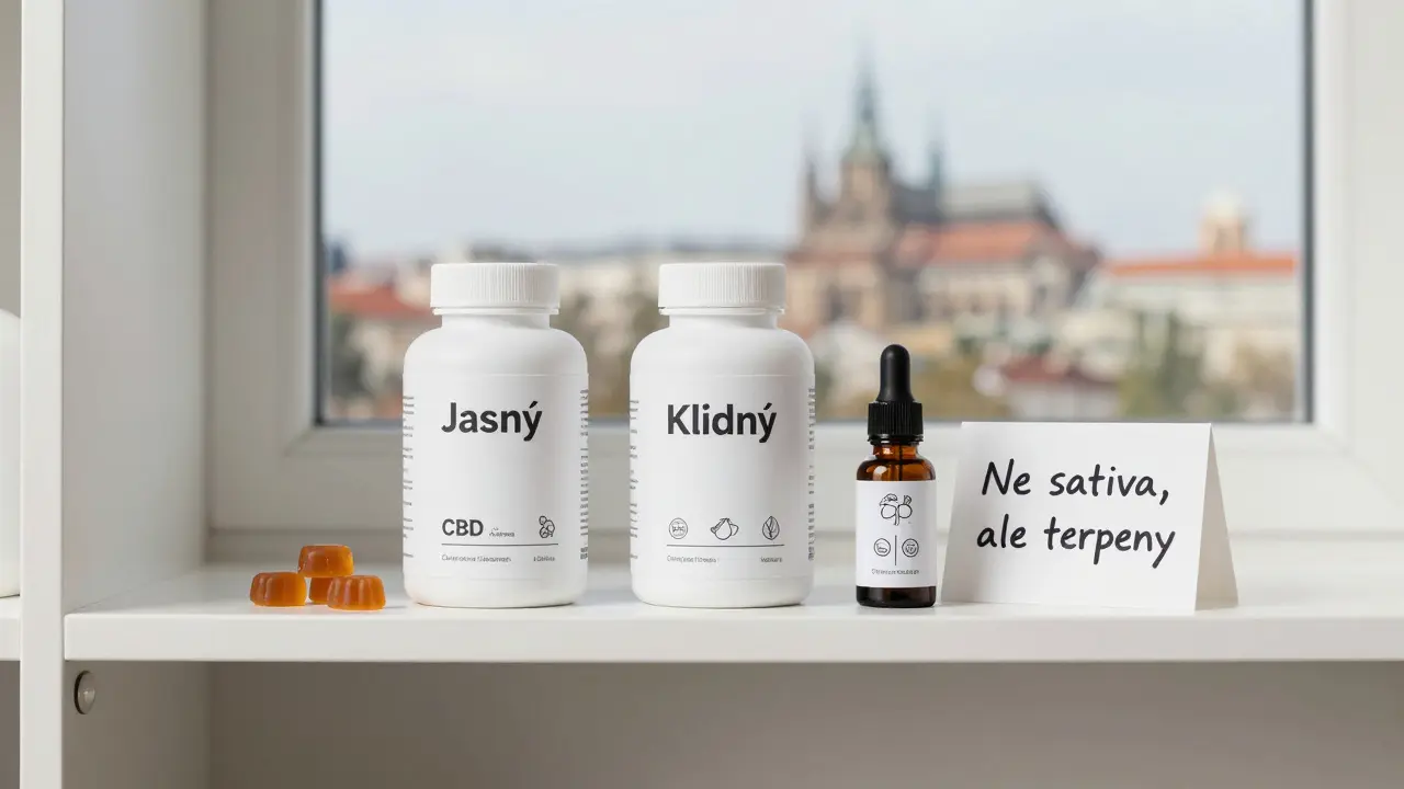 České CBD bonbóny s popisky 'Jasný' a 'Klidný' na poličce s láhvičkou terpenů.