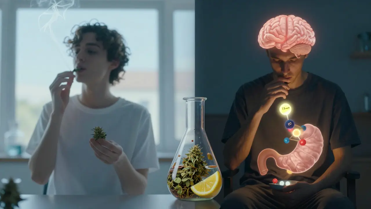 Dvě scény: člověk kouří vs. člověk po konzumaci edibilu s cestou 11-hydroxy-THC do mozku.