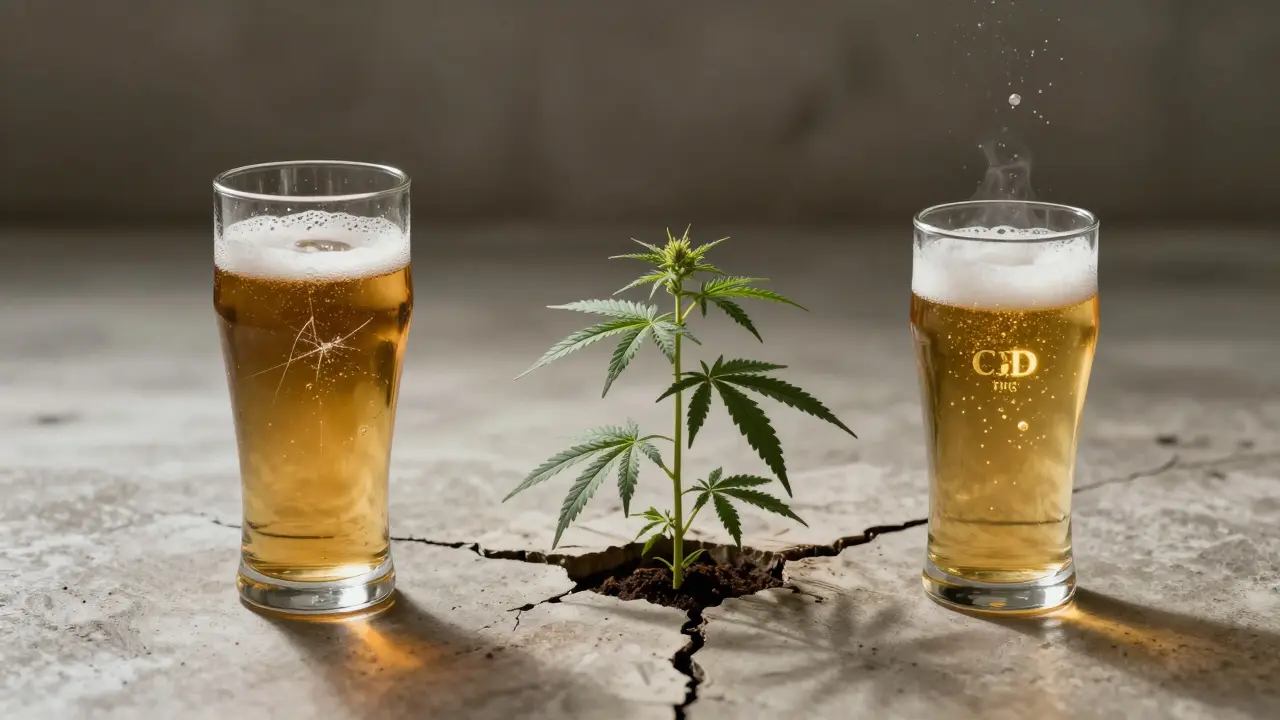 Dvě sklenice nápojů: klasické pivo a cannabis pivo, mezi nimi rostoucí konopí z betonu, symbolizující alternativu.