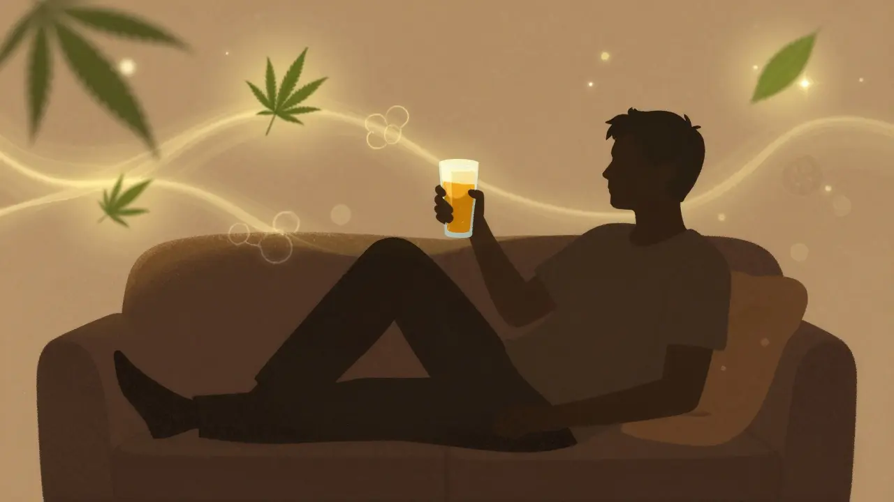 Osoba v klidu na gauči, drží sklenici cannabis piva, kolem ní jemné světelné vlny a listy konopí.