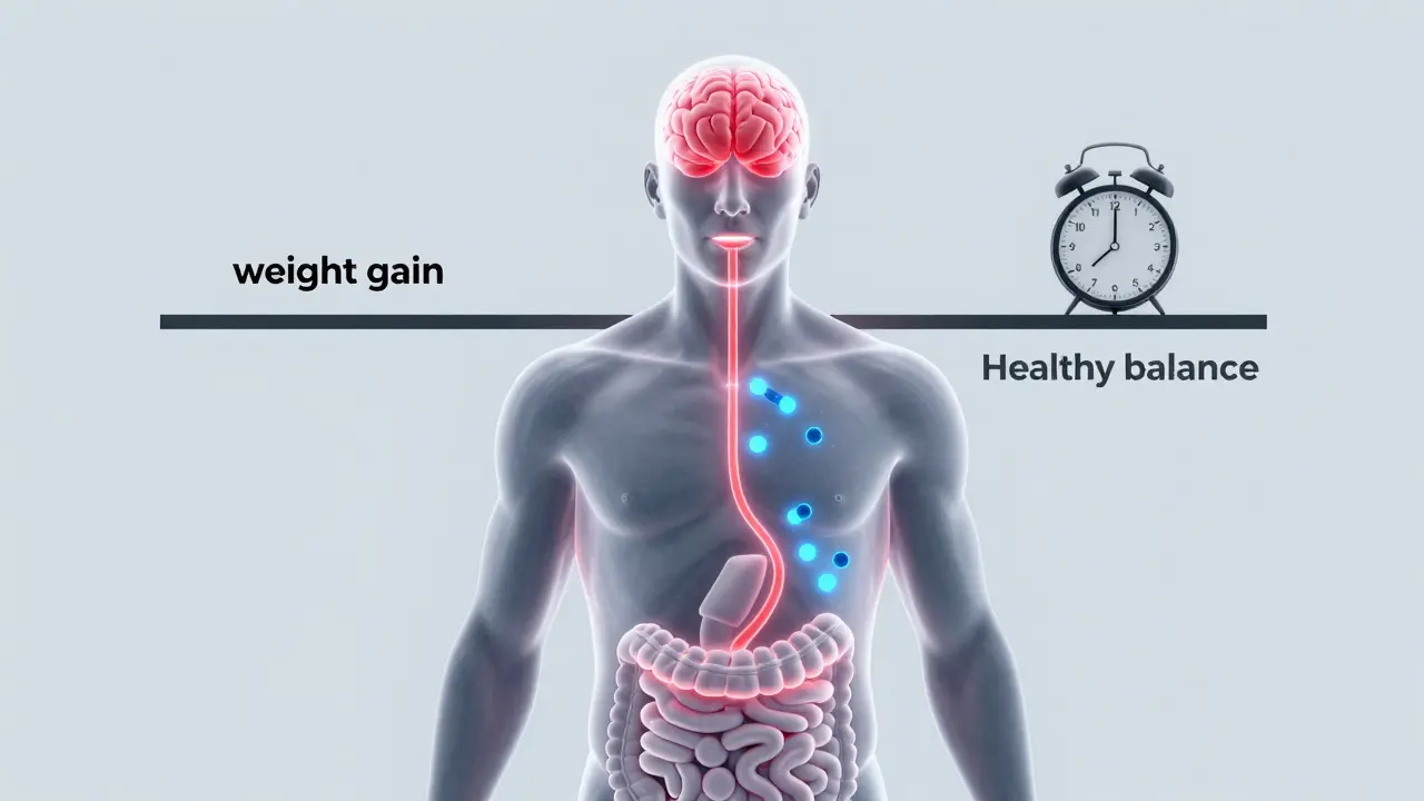 Průhledný lidský tělo s grafickým znázorněním účinků THC a CBD na metabolismus a chuť k jídlu.