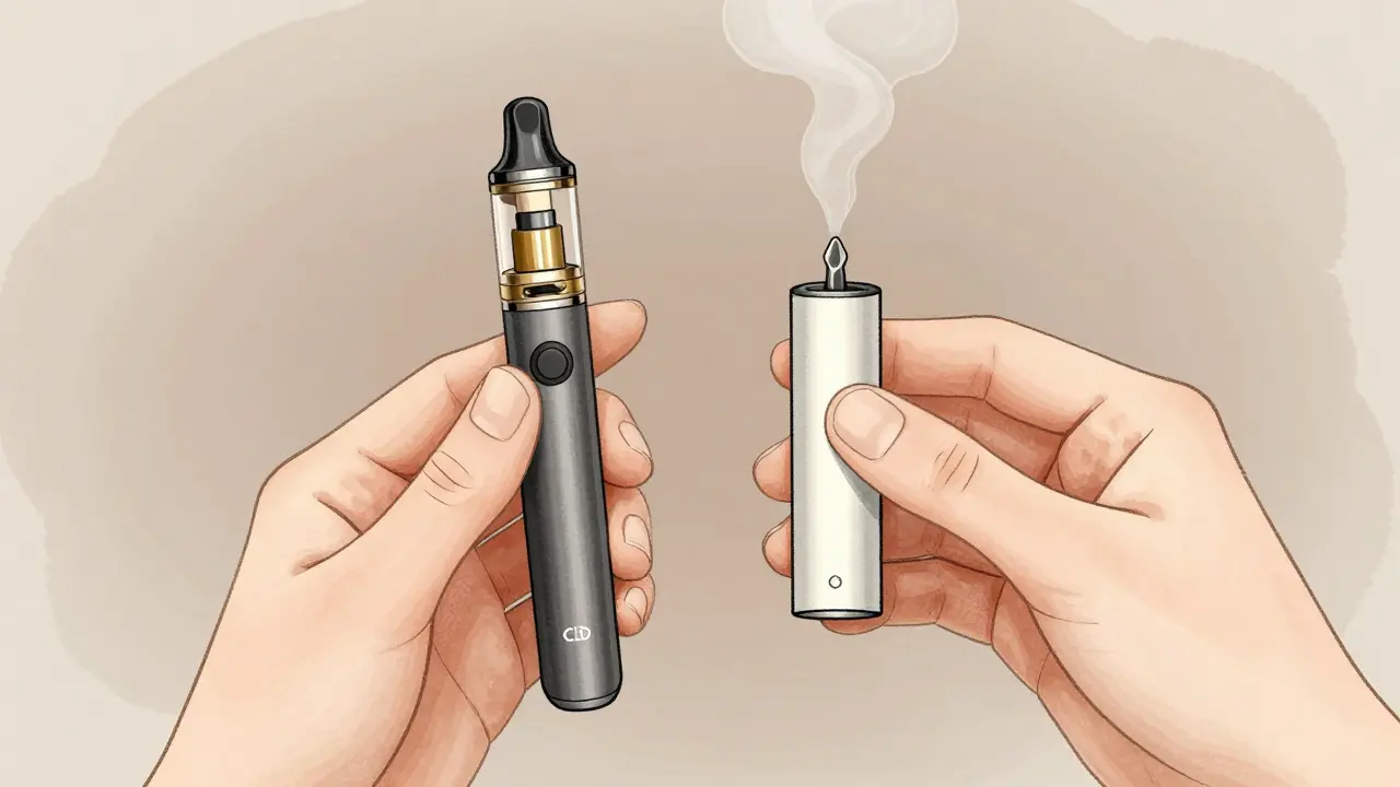 Ruka drží jednorázový vape vedle čisté CBD cartridge, která se právě připojuje k baterii.