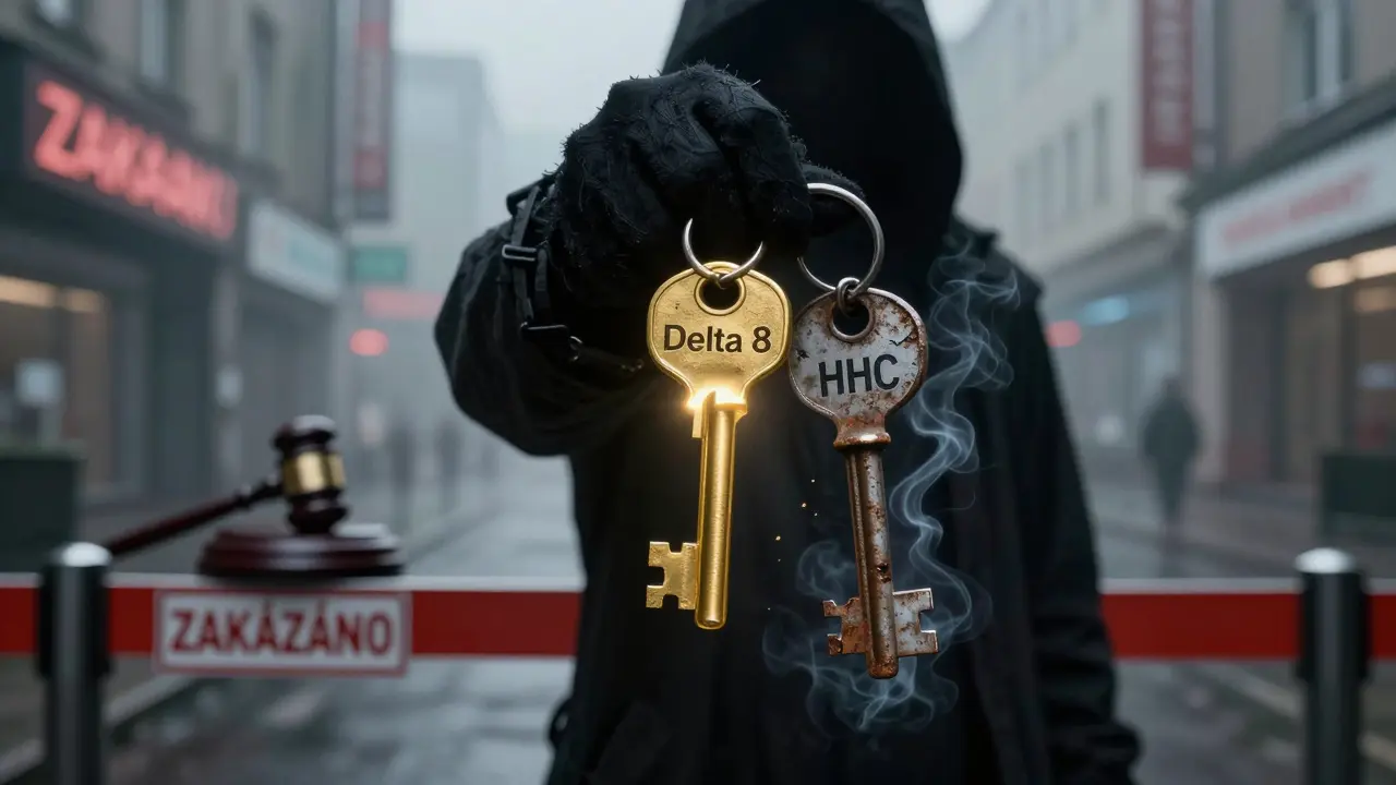 Stínová postava drží klíče Delta 8 a HHC před právní bariérou s českým zákazem, symbolizující rizika a legální nejistotu.