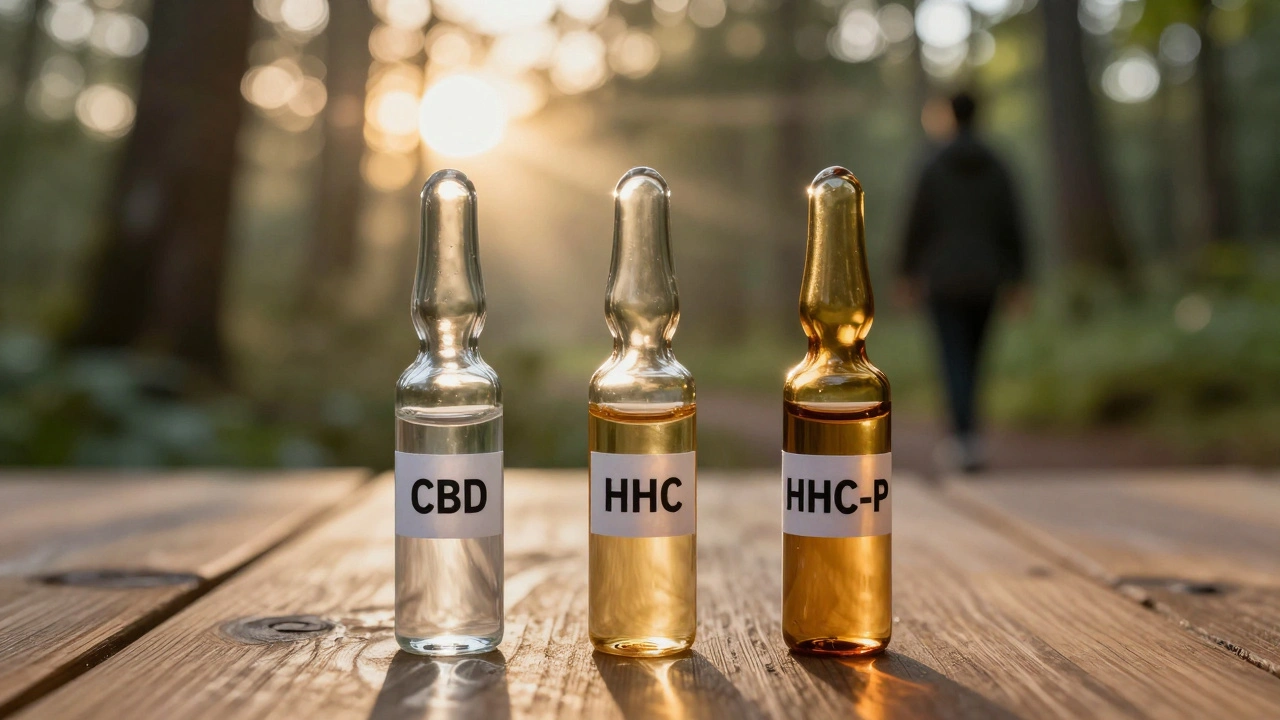 Tři lahvičky s kanabinoidy — CBD, HHC a HHC-P — na dřevěném stole s pozadím klidného lesa.