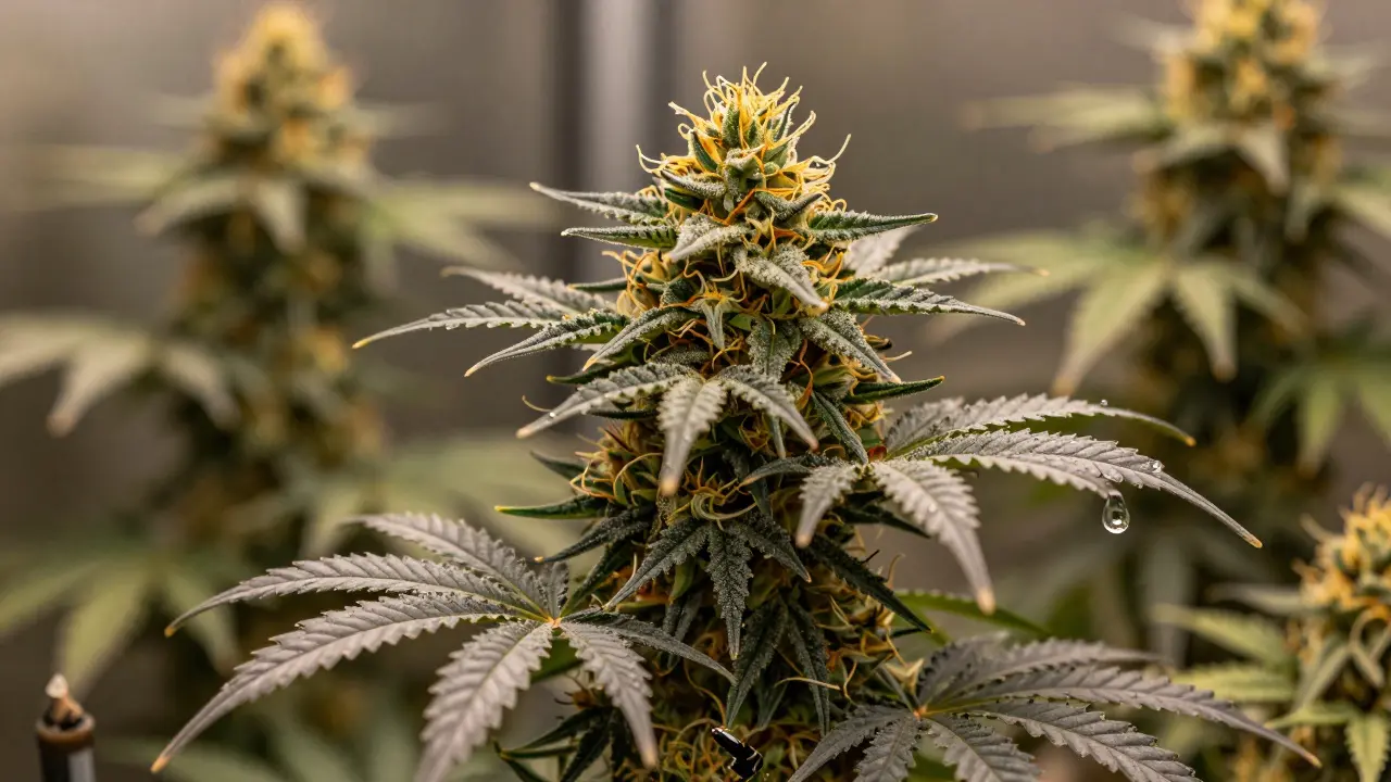 Healthy cannabis cola with resinous buds above, shaded dead leaves below being removed in a humid grow tent.