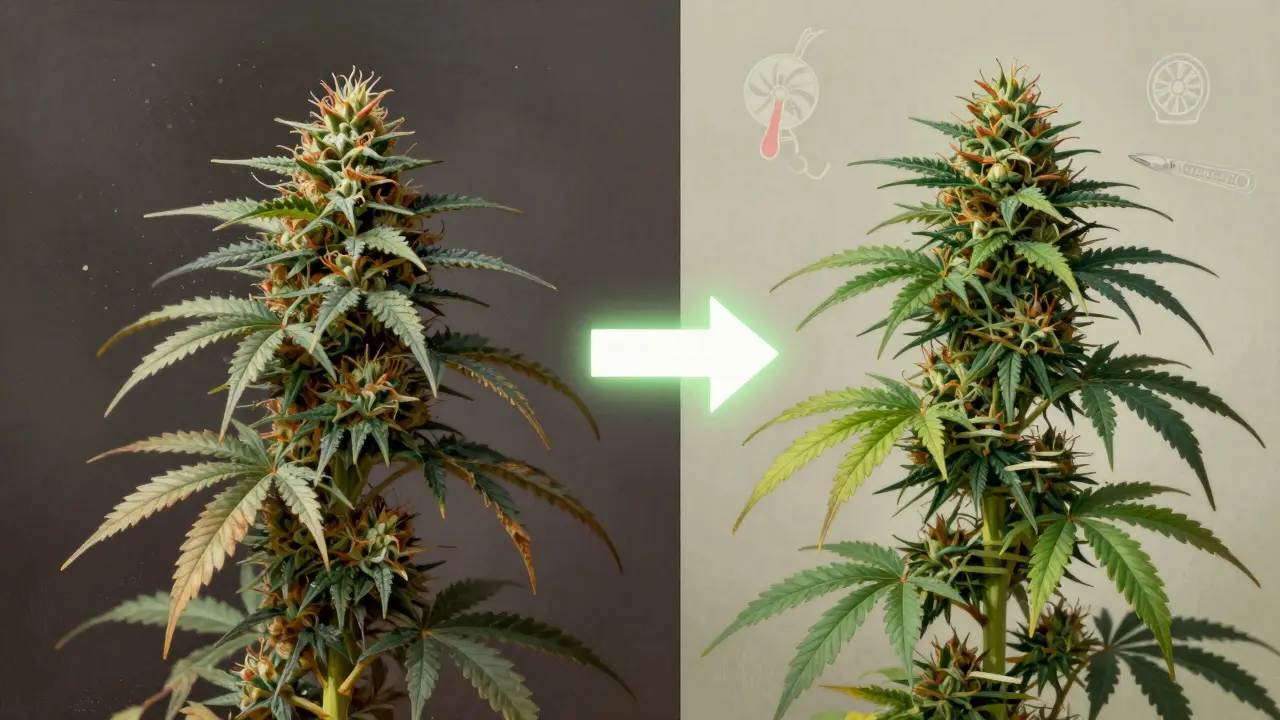 Split image: left shows stressed plant with mold, right shows optimally pruned cannabis with clean airflow.
