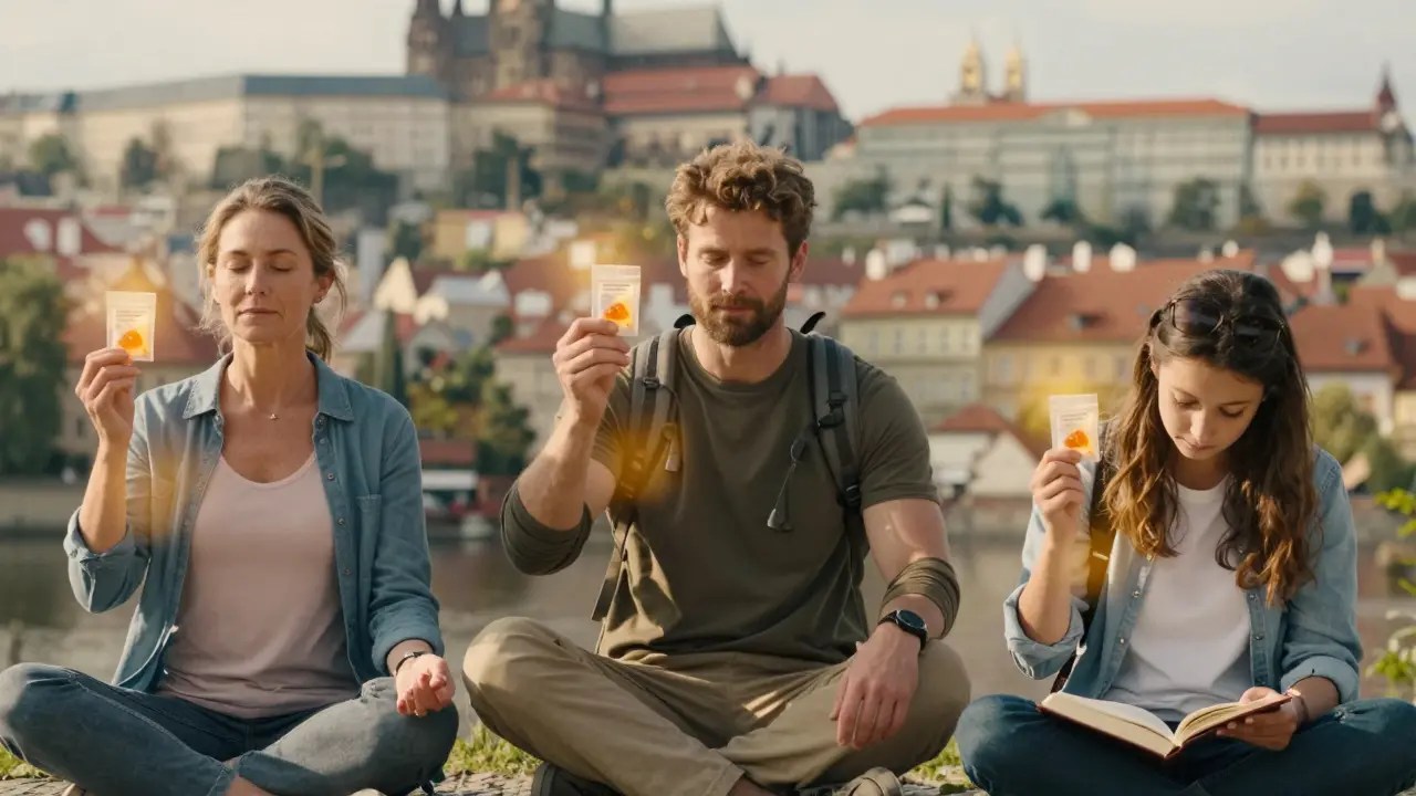 Tři lidé různých věků s CBD kuličkami, symbolizující klid, rovnováhu a zdraví v českých městech.