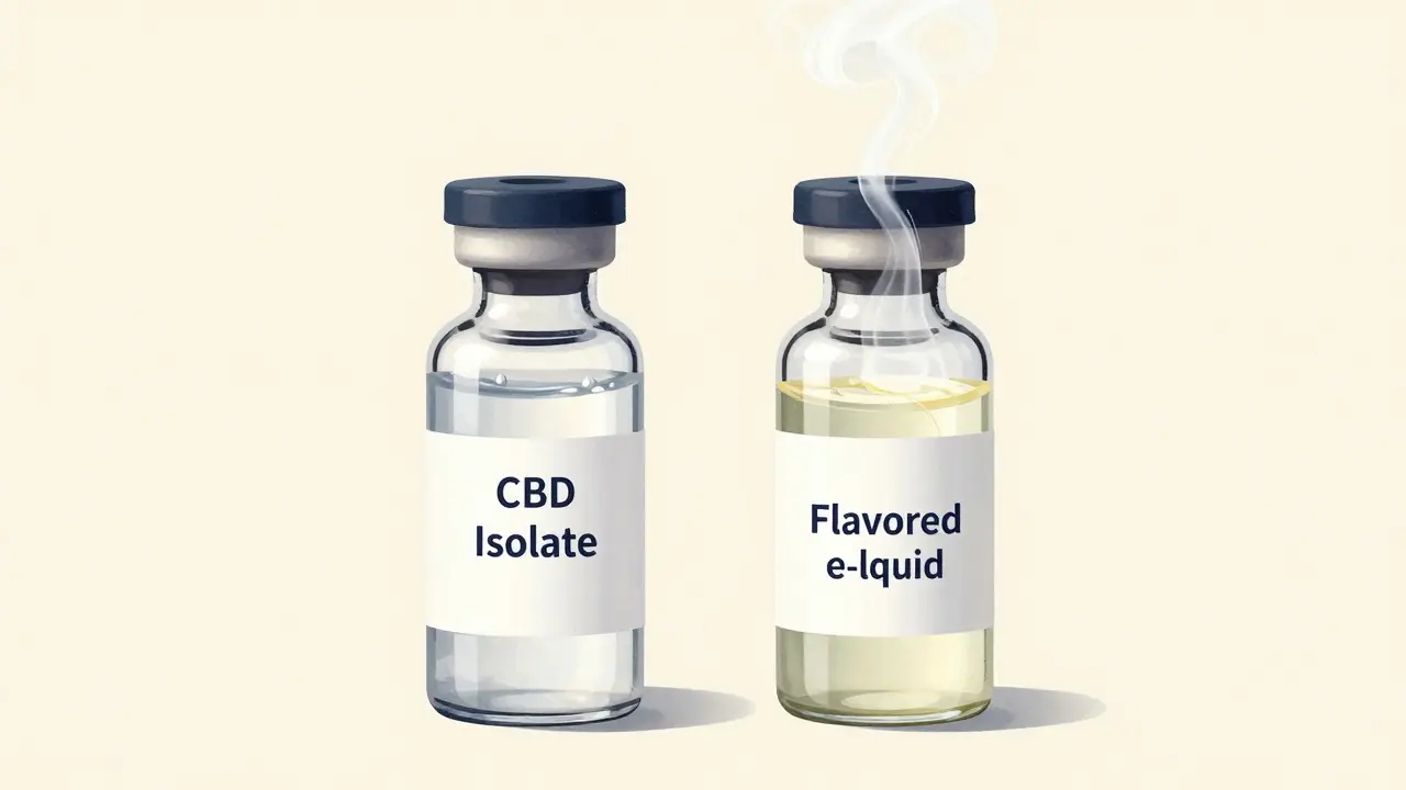 Dva skleněné lahvičky s čistým CBD a jemně aromaťovaným e-likvidem, jemné vůně se vznášejí nad nimi.