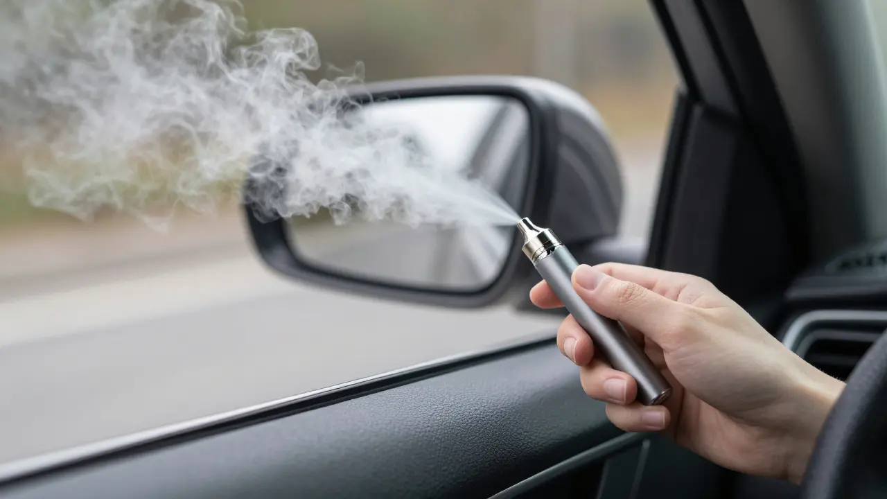 Jemná vůně vanilkového vape se rozptýlí v autě s otevřeným oknem, bez trvalé stopy.