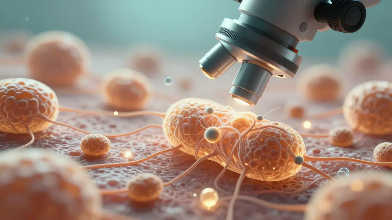 Mikroskopický pohled na kůži: fibroblasty produkují kolagen pod vlivem CBD a snižují zánět.