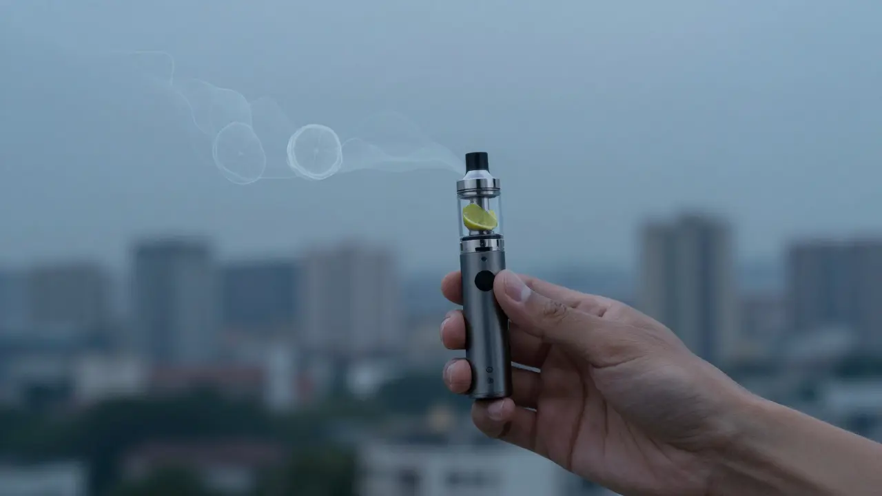 Ruka drží CBD vape, jemné vůně citronu a mentolu se rozplynou ve vzduchu bez zbytků.
