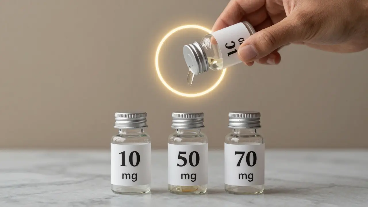 Tři láhve CBD s růstovou dávkou od 10 mg do 70 mg na kameni.