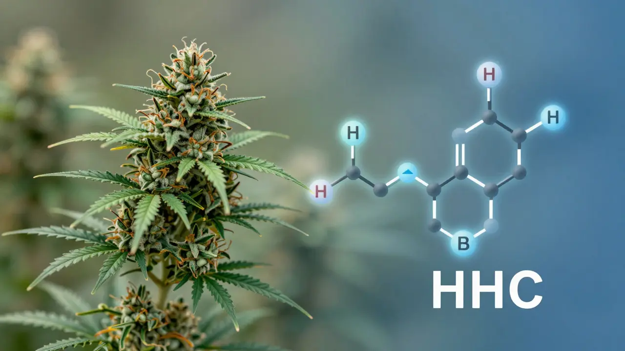 Umělecká představa přeměny THC na HHC pomocí vodíkových atomů.