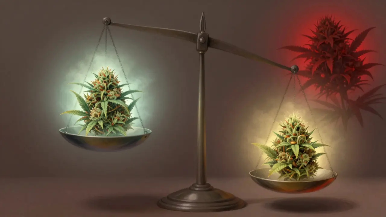 Váha porovnávající účinky CBD, HHC a THC s jemnými barvovými odlišnostmi.