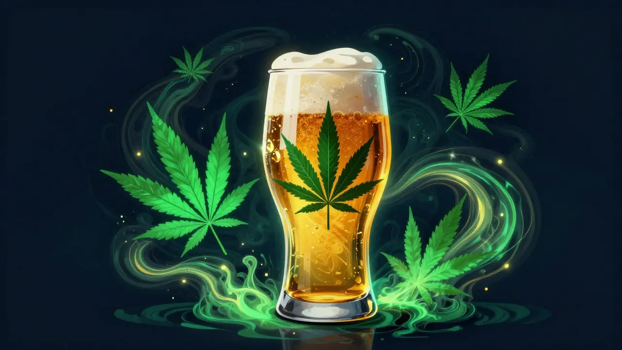 Konceptuální ilustrace synergie alkoholu a konopných látek v pivu.