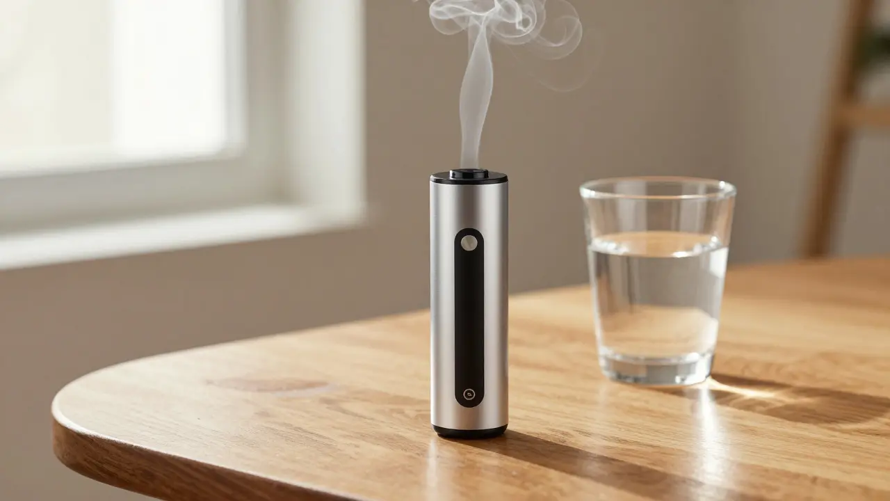 Moderní vaporizér na dřevěném stole s jemným výparem, symbolizující bezpečnější inhalaci.