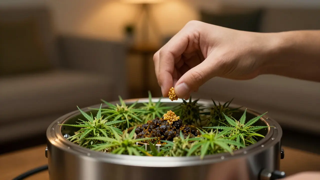 Ruce přidávají malé množství CBD hašiče k CBD květům v komoře vaporizéru.