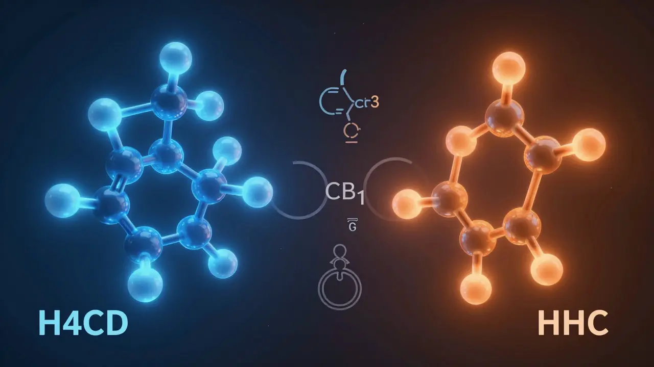 3D vizualizace molekul H4CBD a HHC a jejich vazby na receptory