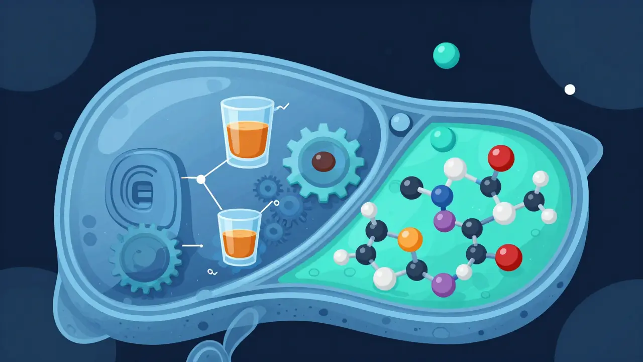 Ilustrace jaterních buněk metabolizujících alkohol a CBD molekuly