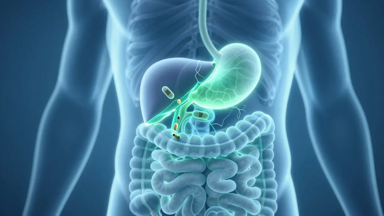 Konceptuální ilustrace metabolismu THC v játrech