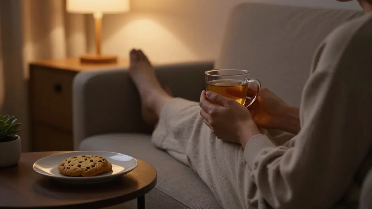 Člověk relaxující večer s CBD sušenkou a čajem