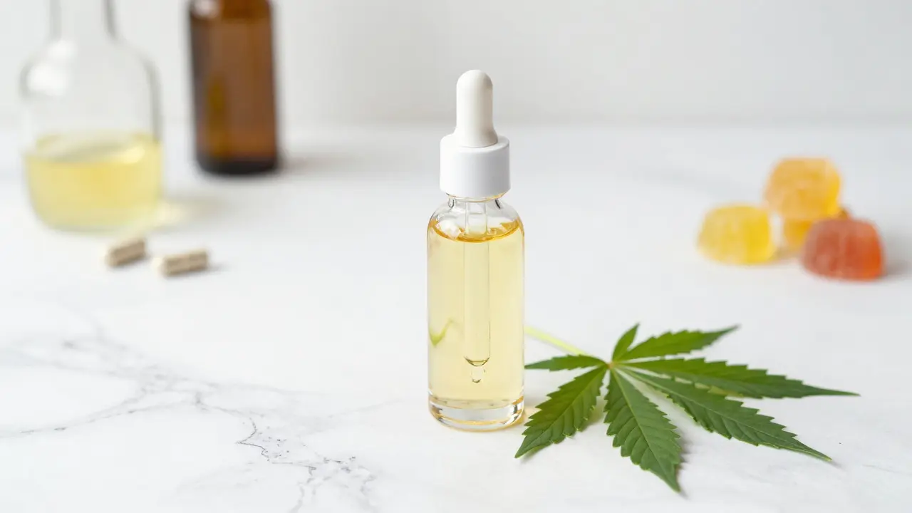Lahev s CBD olejem a konopný list jako bezpečná alternativa