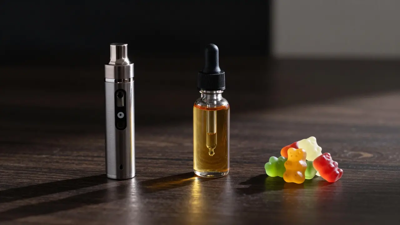 Vape kartridže, olej a gumičky na tmavém stole