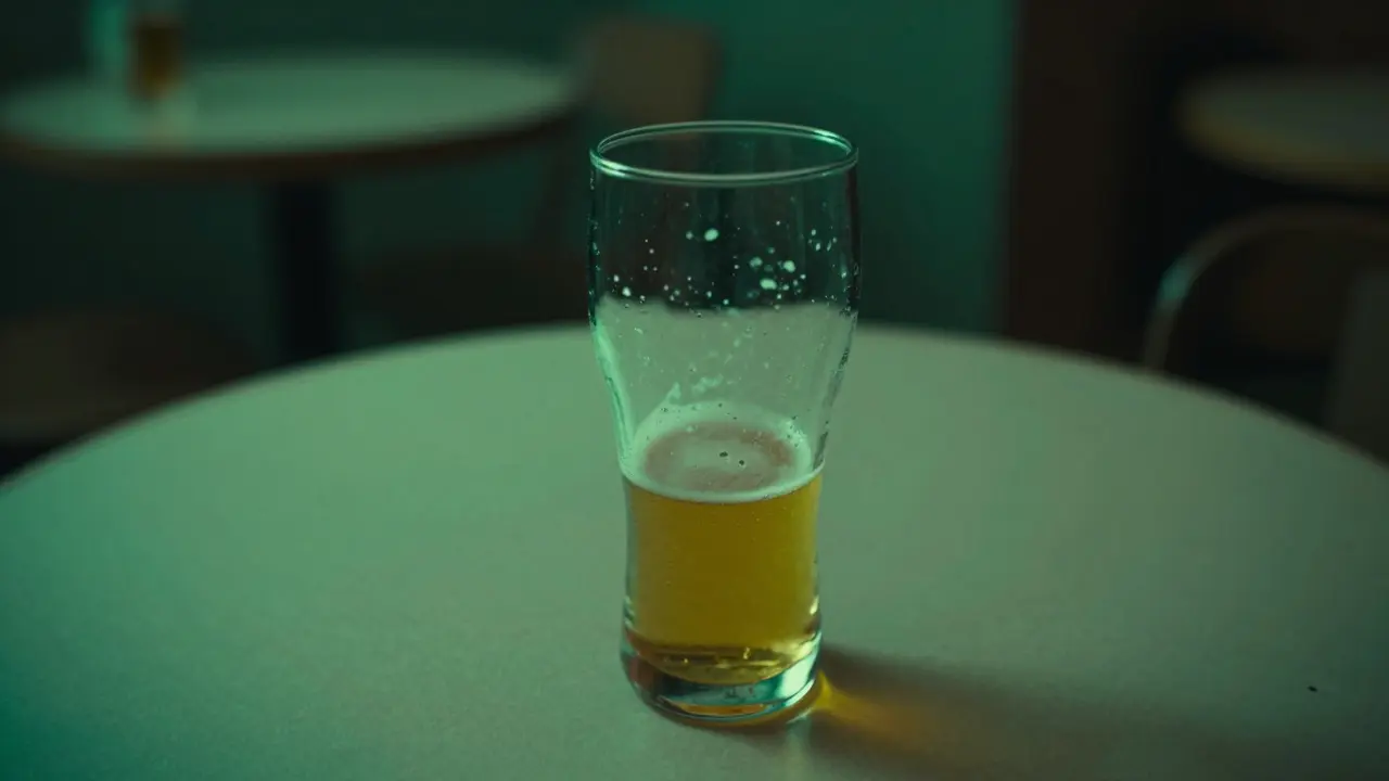 Závratný pohled na sklenici piva symbolizující účinky THC