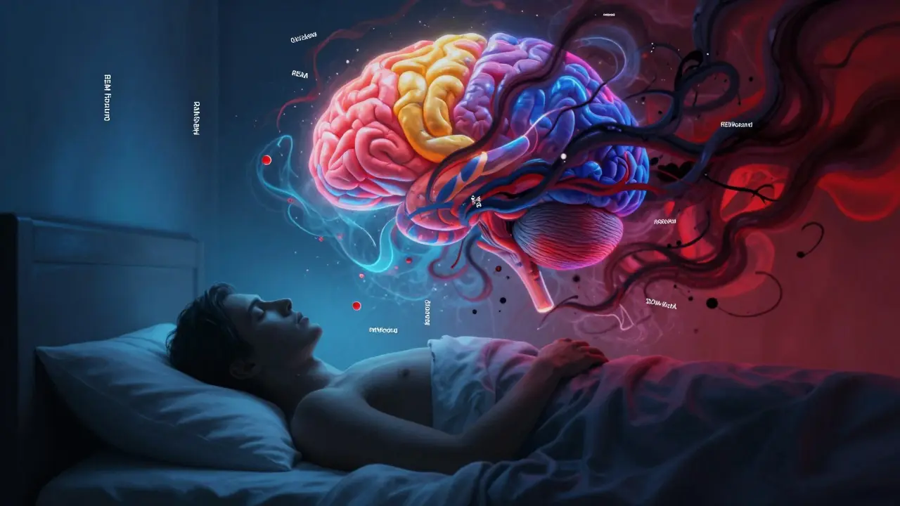 Abstraktní ilustrace potlačení REM spánku THC ve spícím mozku