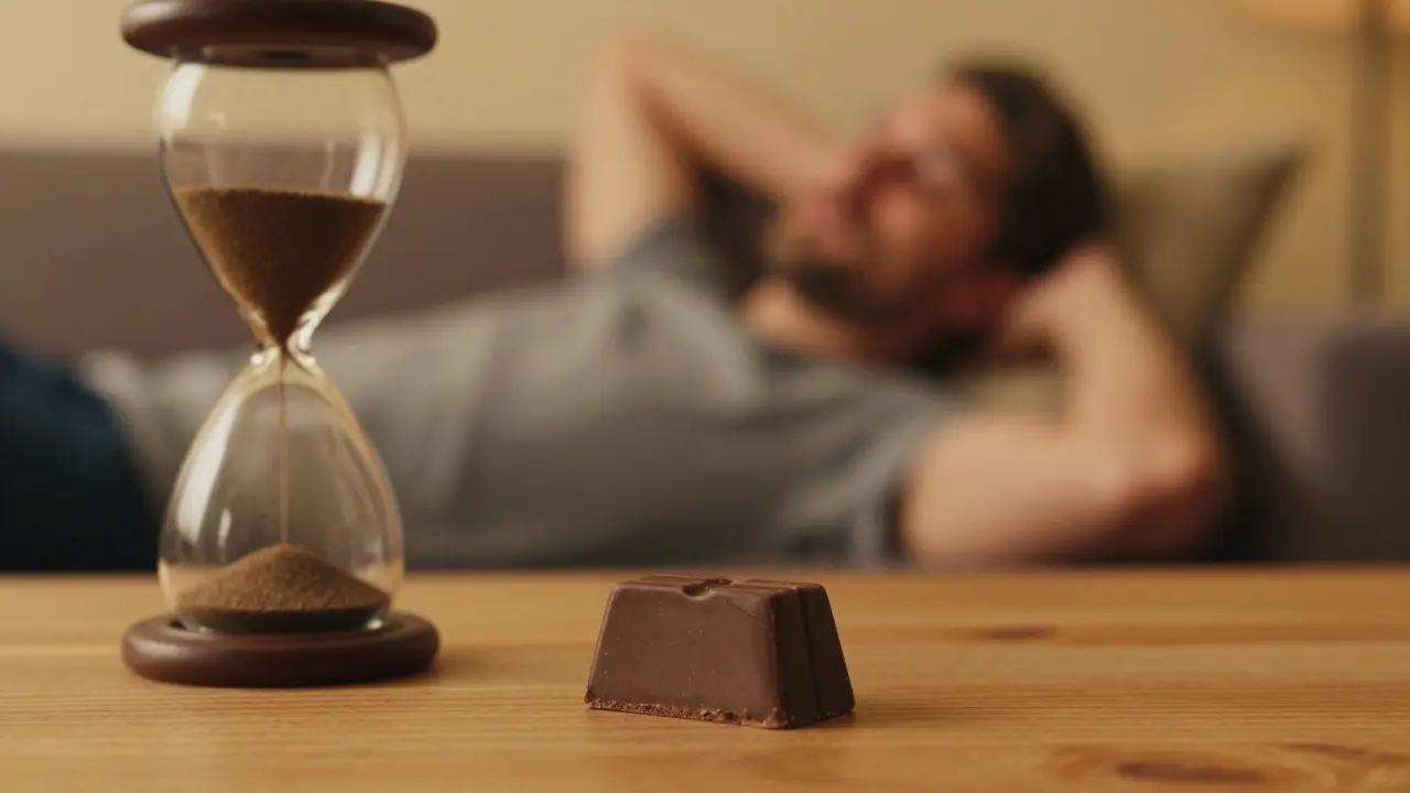 Čokoládový edibles vedle hodinového skla symbolizující trpělivost při čekání na efekt