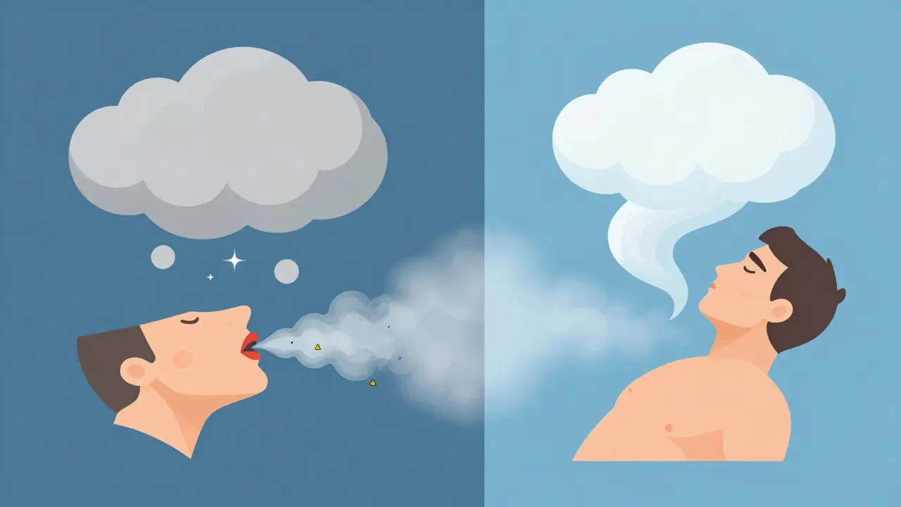 Ilustrace správného čekání na kondenzaci páry versus okamžité vdechnutí