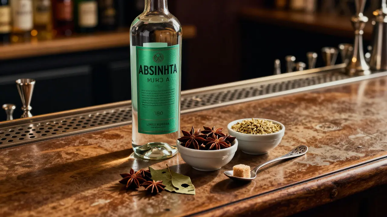 Láhev absintu vedle koření, jako je anýz a pelyňek, na dřevěném stole.