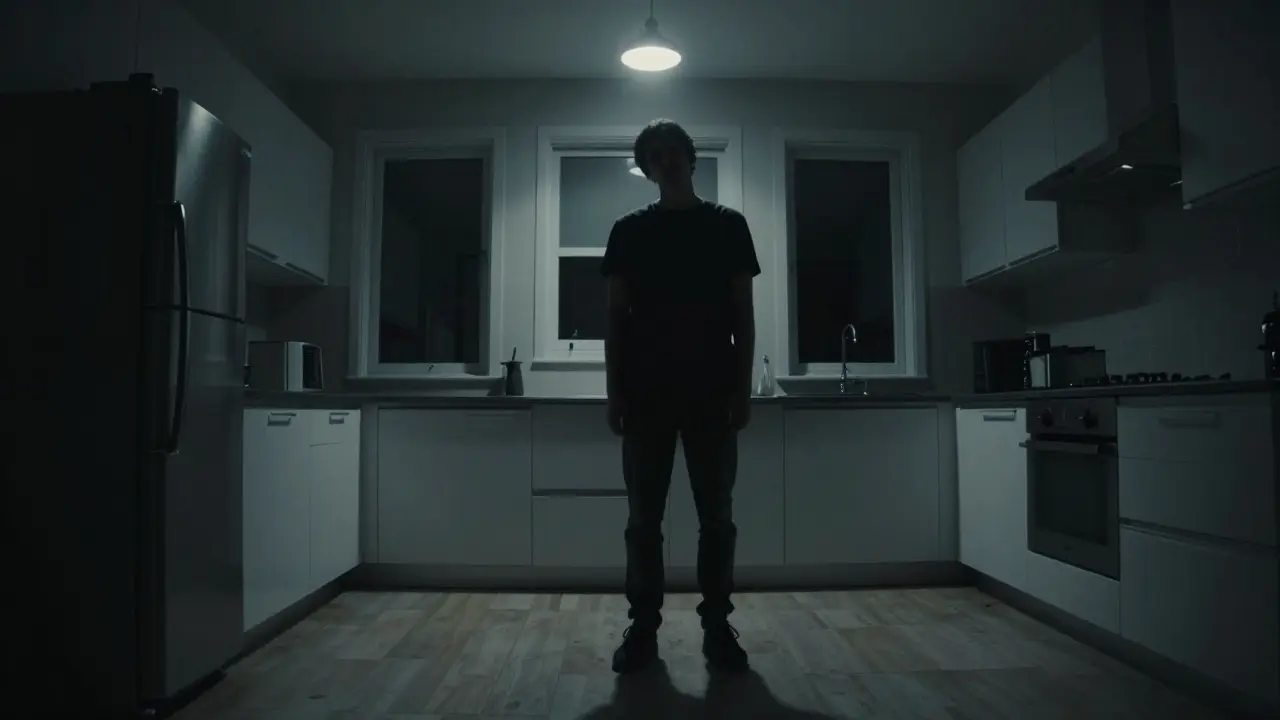 Zmatená postava na kuchyni uprostřed noci při úniku účinků