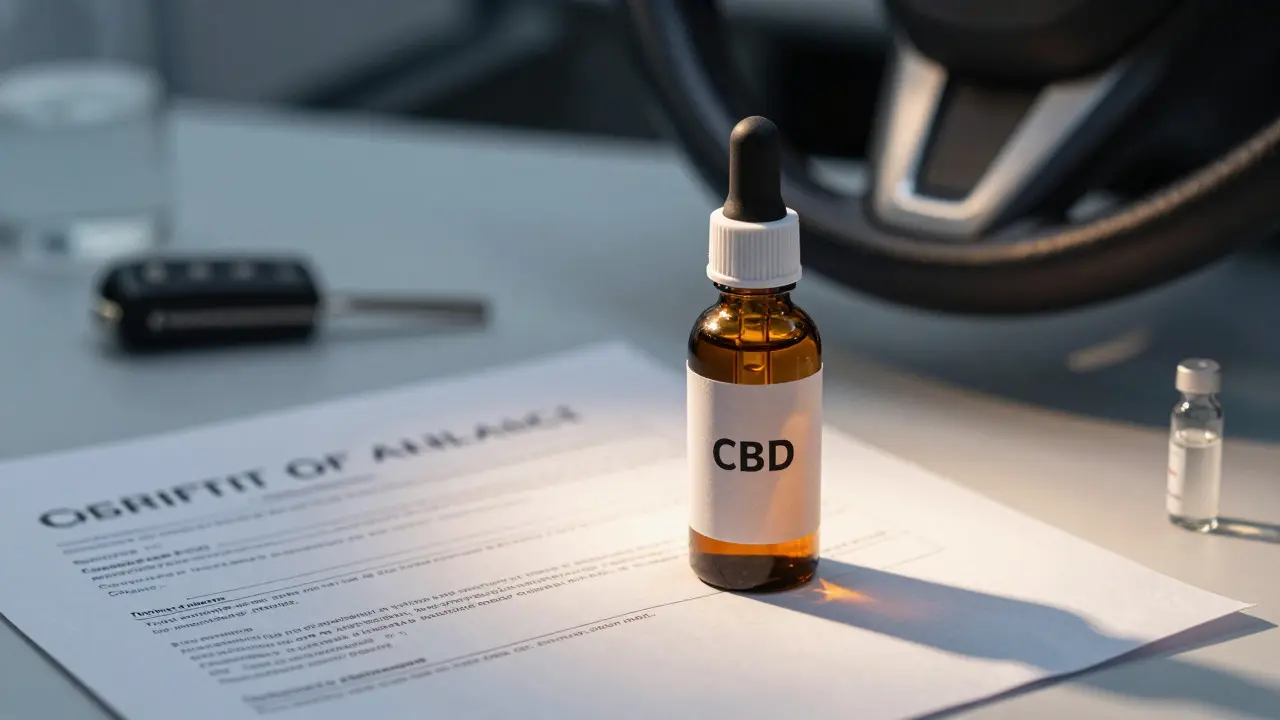 CBD olej, certifikát analýzy a klíče od auta na stole jako varování před riziky.